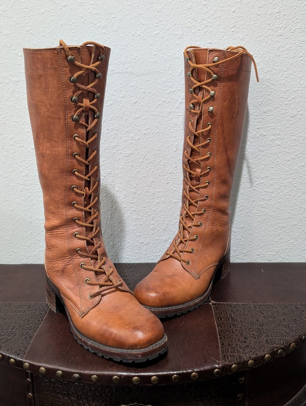Frye Campus Lug Tall Lace Up Boots – Cognac Leather – Size 9 - Picture 12 of 16